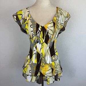 Piano Y2K Colorful Print Pleated Chiffon Ruffle Hem V Neck Top‎